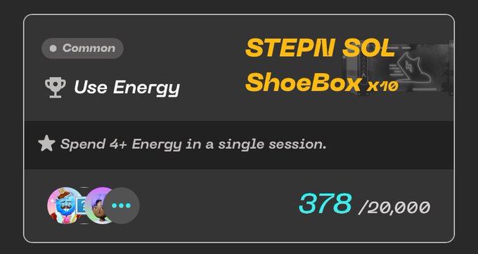 A screenshot of a 'Common' STEPN SOL achievement titled 'Use Energy', requiring 4+ energy in a single session, with a progress bar showing 378/20,000.