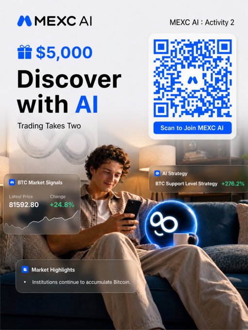 A promotional advertisement for 'MEXC AI: Activity 2' featuring a $5,000 'Discover with AI' prize, a QR code to join, and a young man on a couch with overlays for BTC Support Level Strategy and Market Highlights.