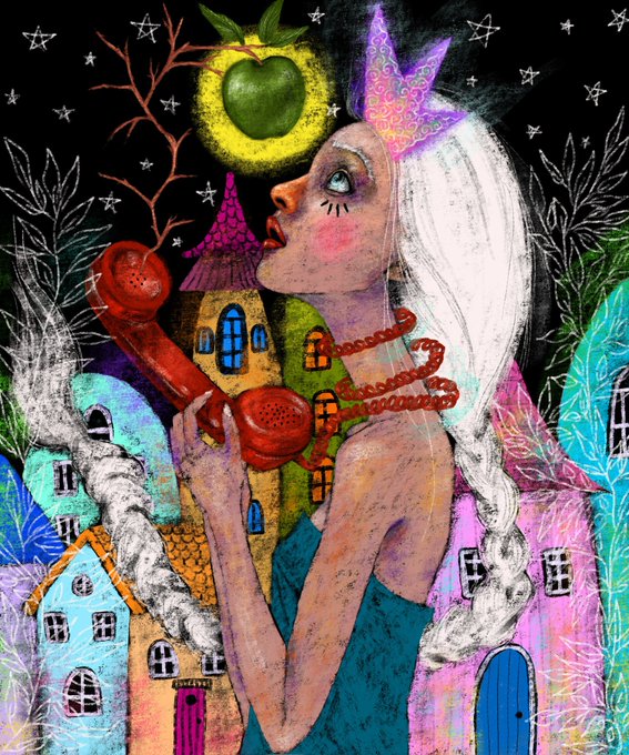 A colorful mixed-media or pastel illustration of a pale woman with long white braided hair wearing a purple crown and beaded necklace, holding a red telephone receiver, set against a dark starry background with whimsical colorful houses and a glowing green apple above.