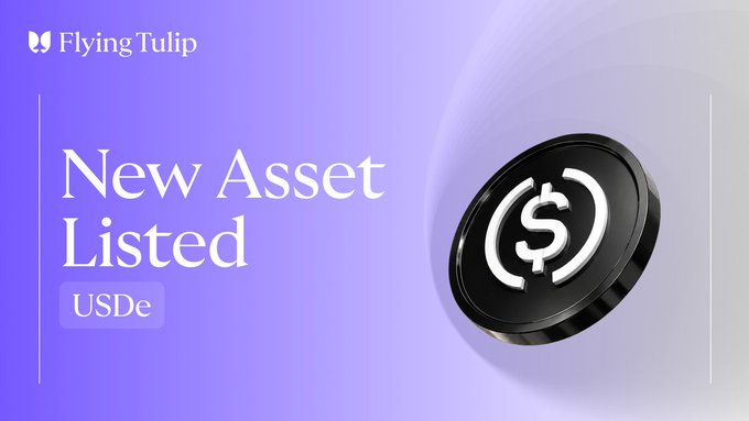 A promotional banner for Flying Tulip announcing the listing of USDe, featuring a purple gradient background with the Flying Tulip logo, "New Asset Listed" headline, USDe ticker label, and a stylized black coin displaying the USDe symbol.