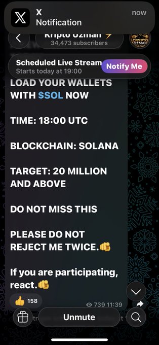 A mobile screen showing a notification from Kripto Uzmani promoting a Solana ($SOL) live stream giveaway targeting a 20 million audience.