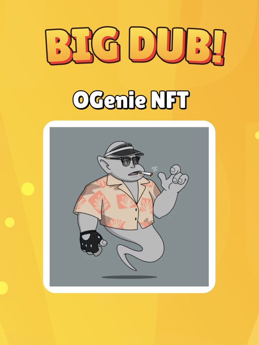 A promotional graphic titled 'BIG DUB! OGenie NFT' featuring a cartoon ghost wearing sunglasses, a Hawaiian shirt, and smoking a cigarette.