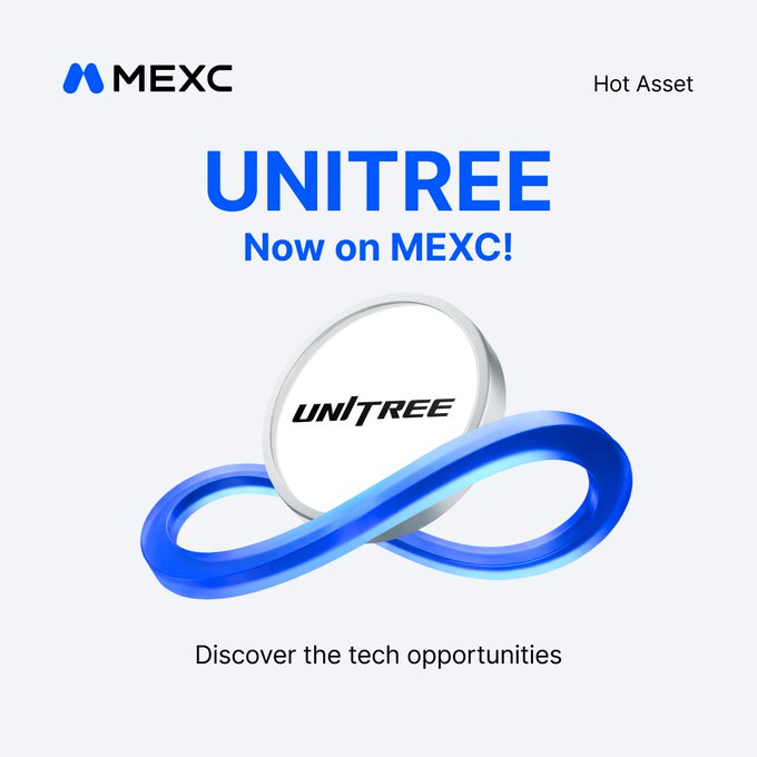 A MEXC promotional graphic announcing the listing of UNITREE as a "Hot Asset," featuring the token's logo with a blue infinity design and the tagline "Discover the tech opportunities." The image complements the post highlighting UNITREE's +94% gain since listing and its upcoming move to the A-share market as a humanoid robot leader.