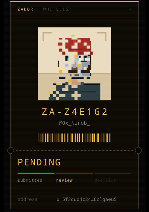A digital ID card display titled 'ZADDR WHITELIST' shows a pixelated avatar with a red hat and the identifier 'ZA-Z4E1G2' for user @0x_Nirob_, with a pending status bar indicating submitted and review stages.