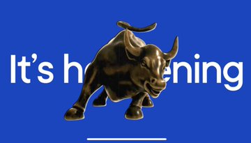 A bronze bull statue stands in front of the text "It's happening" on a blue background. The image conveys a bullish, market-optimistic sentiment that aligns with the post's suggestion of quiet, promising progress for Ripple/XRPL in Tokyo.