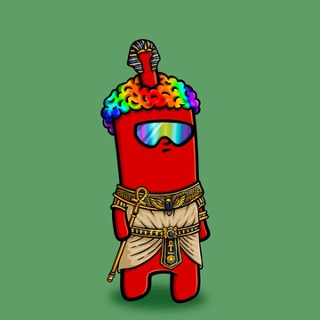 A red cartoon character wearing rainbow curly hair, futuristic sunglasses, a feathered headdress, and an Egyptian-style pharaoh outfit is featured as the mascot for a 0xMarketPlayers NFT giveaway offering 5 guaranteed and 25 whitelist spots on the Ethereum chain.