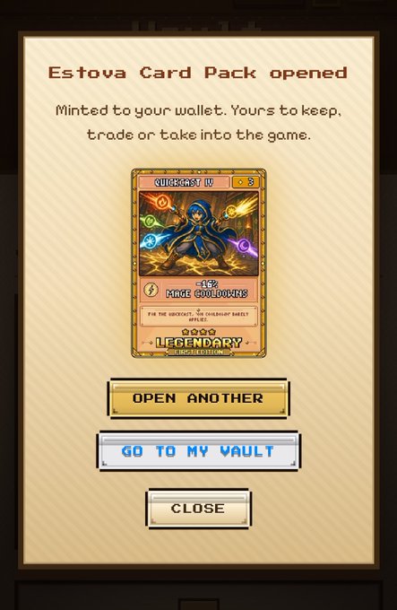 A pixel-art game screen announces "Estova Card Pack opened" and "Minted to your wallet," displaying a newly acquired Legendary "Magic Cooldown" Quicksest card with buttons to open another, go to the vault, or close.