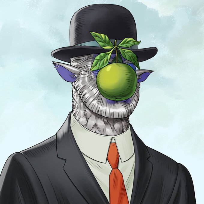 A surreal illustration of a figure wearing a black bowler hat and suit with a red tie, whose face is replaced by a green apple or fruit with leaves.