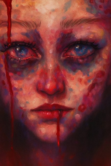 A digital portrait painting of a face rendered in textured pink and red hues, with streaks of red blood dripping from the eyes and lips.