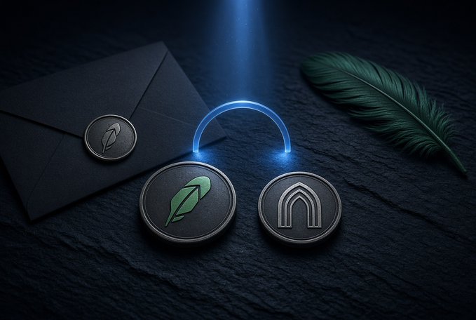 Stylized product image showing three circular metallic tokens on a dark surface, one featuring a green leaf icon, accompanied by a black envelope and a green feather.