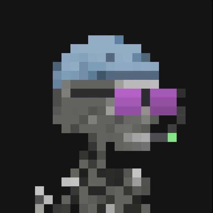 Pixel art of a grey character wearing a blue cap and purple sunglasses on a black background.