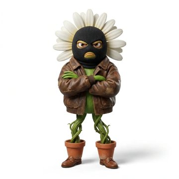 The image features a statue of a person dressed as a flower with a mask over their face, standing next to a potted plant. The statue has crossed arms and appears to be wearing boots. The caption reads "I will NOT buy anymore BRAINROT, after these two. Probably... @nuclearsamurai". This suggests that the statue is promoting or expressing disapproval of brain rot products.
