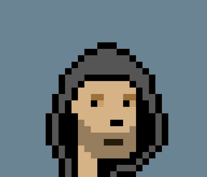 A pixel art portrait of a bearded man with long dark hair wearing a beanie, humorously representing a casual low-effort online sale of a $515k "Hoodie Punk" NFT. The crude, blocky art style visually reinforces the meme of flippantly offloading an extremely valuable asset with little ceremony.
