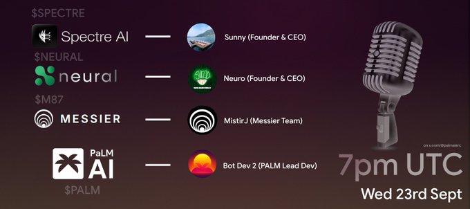 A graphic listing AI-themed crypto tokens including $SPECTRE, $NEURAL, $M87, and $PALM with their associated team avatars, promoting a 7pm UTC event on Wed 23rd Sept.
