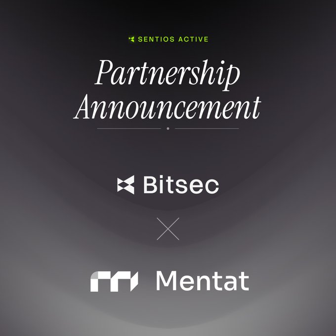 The image is a "Partnership Announcement" graphic from Sentios Active, displayed on a dark gradient background, featuring the logos of Bitsec and Mentat with an "×" symbol between them. It visually represents Bitsec's new client partnership with Mentat, where Sentios will conduct continuous audits on Mentat's Lend product.