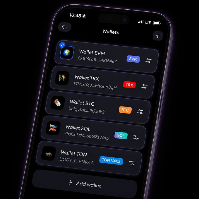 Smartphone screenshot of a crypto wallet app displaying multiple wallets: EVM, TRX, BTC, SOL, and TON V4R2, with an 'Add wallet' option at the bottom.