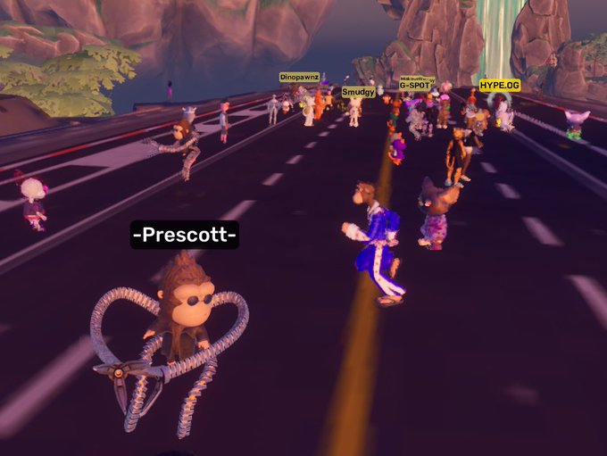 A monkey avatar named "-Prescott-" with mechanical tentacles stands in the foreground of a virtual highway scene in Otherside, where numerous other player avatars with visible usernames like "Dinopawnd," "Smudgy," "G-SPOT," and "HYPE.ORG" are gathered along a road, suggesting a group adventure or journey within the metaverse game.