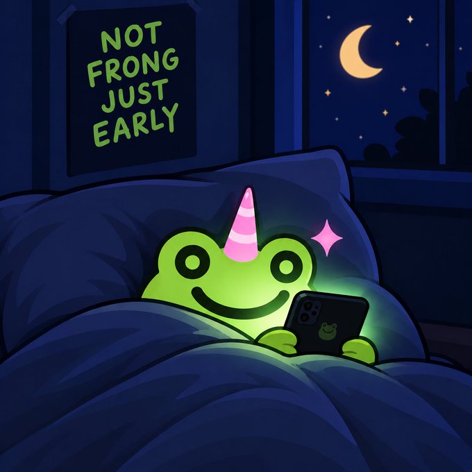 A cartoon illustration of a smiling green frog-like creature wearing a pink party hat and using a glowing smartphone in bed at night, with a framed sign on the wall reading 'NOT FRONG JUST EARLY' beside a crescent moon in the window.
