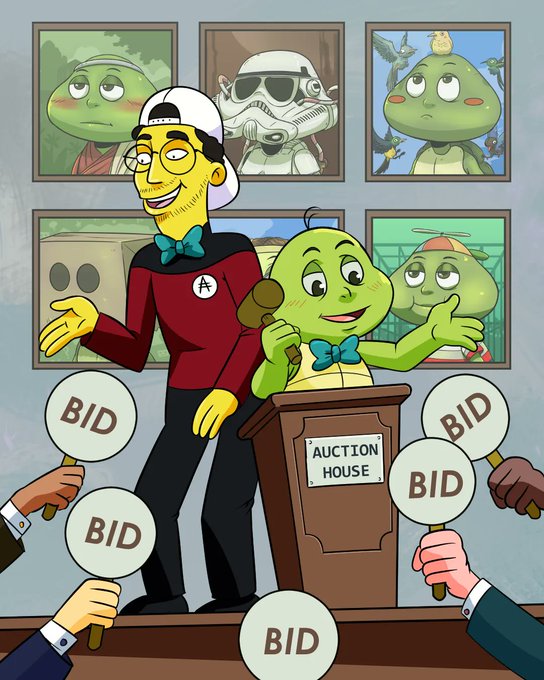 A cartoon illustration shows a Simpsons-style character in a Star Trek uniform standing next to a green frog at an auction house podium, with hands holding 'BID' paddles and portraits of other frogs on the wall.
