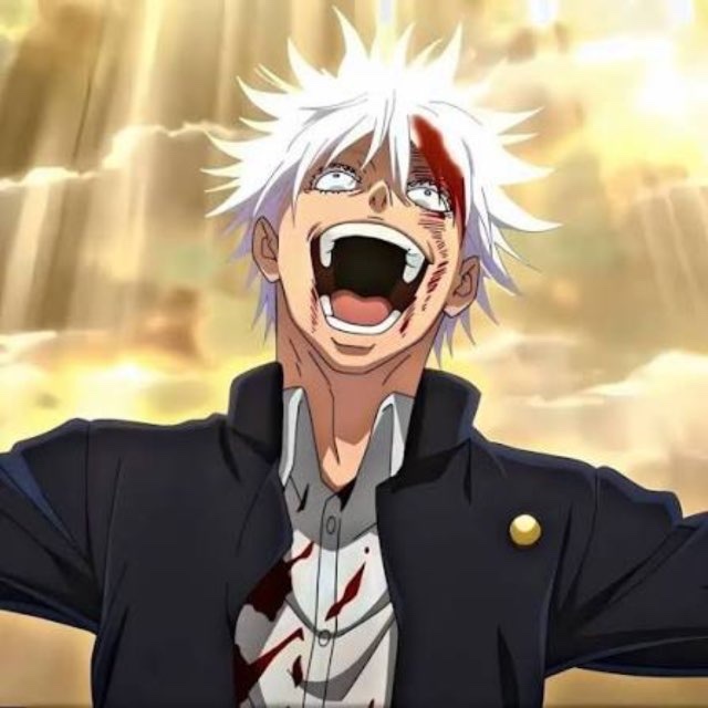 This image shows a bloodied and ecstatic anime character, likely embodying the spirit of the accompanying post's call to "Make bulls dream again" by celebrating a perceived market victory or surge.
