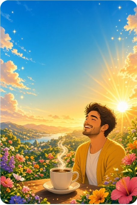 An illustration of a smiling man in a yellow cardigan sitting at a table with a steaming cup of coffee, surrounded by colorful flowers with a bright sunburst in a blue sky behind.