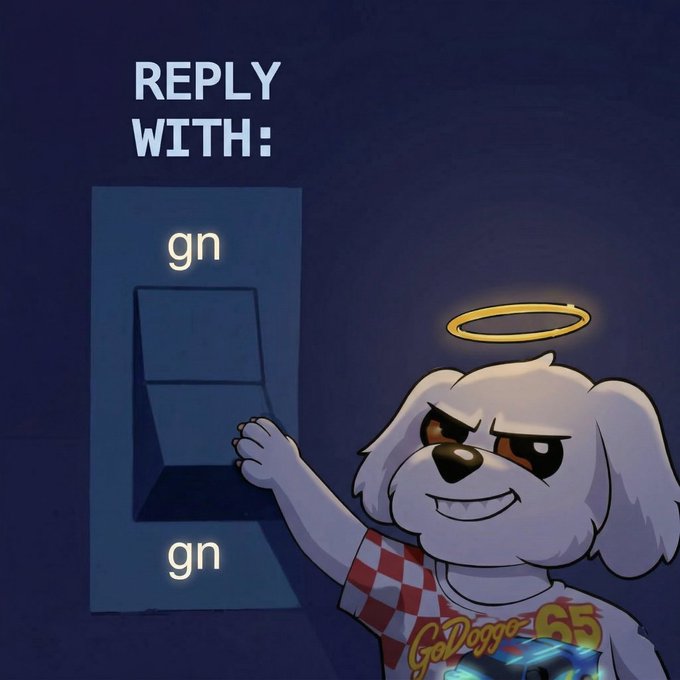 In this image, there is a cartoon dog wearing a white shirt with red and blue checkerboard patterns. The dog appears to be pressing a light switch or button labeled "GN" against a dark background. The text above the dog reads "Reply With: GN", which suggests that the dog might be responding to a message or comment from someone using the "GN" button.