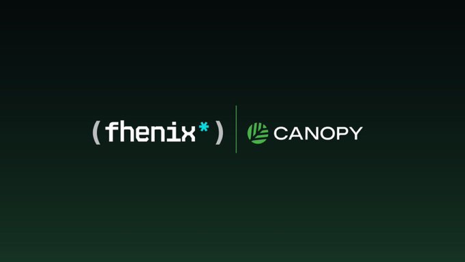 A dark green graphic displaying the white and blue logo '(fhenix*)' next to the green 'CANOPY' leaf logo.