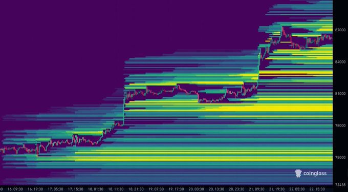 A financial chart with a purple background and a price line overlaid with a colorful heatmap, showing timestamps and the "coinglass" watermark.