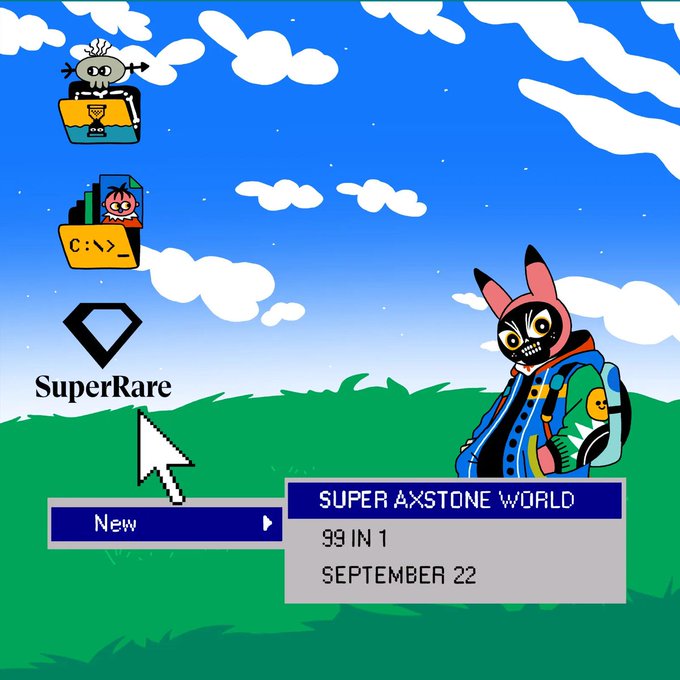 The image is a promotional graphic for the "Super Axstone World: 99 IN 1" collection launching September 22, featuring retro desktop icons (including a "C:\_" folder), the SuperRare logo, and a pixel-art character in bunny ears, capturing the early computer culture and retro gaming aesthetic described in the post.
