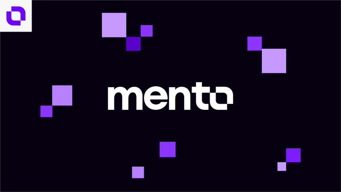 A black graphic with the "mento" logo surrounded by purple pixelated square designs.