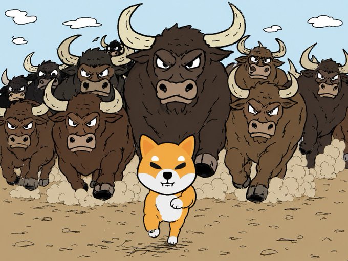A small, determined Shiba Inu dog charges forward at full speed, leading a stampede of fierce, angry bulls kicking up clouds of dust behind it. The playful cartoon scene humorously illustrates the post's caption, suggesting the Shiba Inu (often associated with meme coins) has rallied the bullish forces as its fearless leader.
