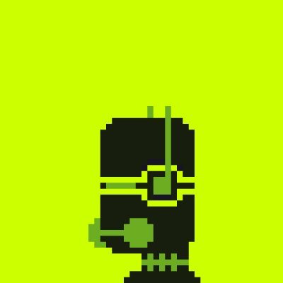 A pixel art illustration of a black, cylindrical figure with green pixelated accents and antennae on a bright green background.