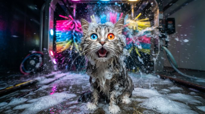 Humorous image of a wide-eyed, soaking wet kitten covered in foam, sitting in a car wash tunnel with colorful graffiti in the background.