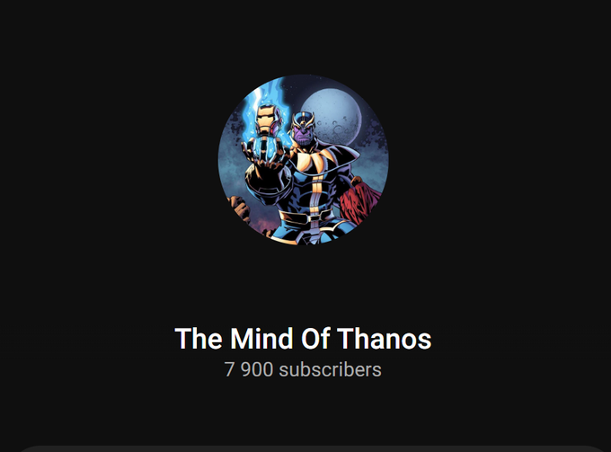 The image shows a YouTube-style channel banner featuring a circular avatar of Thanos with the Infinity Gauntlet against a moonlit backdrop, branded "The Mind Of Thanos" with 7,900 subscribers. The accompanying text celebrates the channel's growth milestone of 7,900 subscribers and credits the community for the 3,000X success of $ANSEM, while promoting a transition to a private Telegram group at the next subscriber milestone.