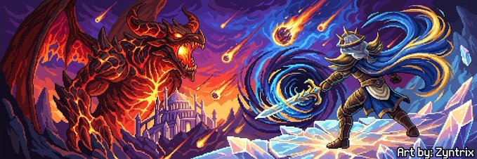 Fantasy digital artwork credited to 'Art by: Zyntrix' depicting a large fiery red dragon facing off against a blue-haired warrior wielding a sword amid falling meteors.