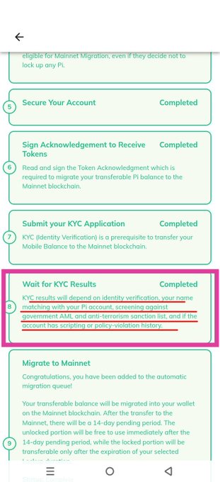 A Pi Network migration checklist shows steps including "Secure Your Account," "Sign Acknowledgement to Receive Tokens," "Submit your KYC Application," and "Wait for KYC Results" (highlighted in pink), along with a "Migrate to Mainnet" section. The image illustrates the KYC approval stage necessary for completing Pi migration, which the post emphasizes is critical for unlocking full functionality like bidding for Pi Domains in 2025.
