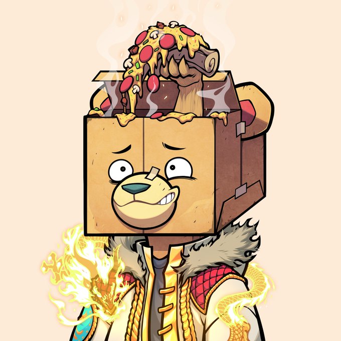 A cartoon character with a cardboard box for a head—featuring a dog face and topped with a steaming pizza—and a body wreathed in flames wears a fur-collared jacket, visually conveying the poster's bullishly excited sentiment about the collaboration between themselves and @kabuxyz.