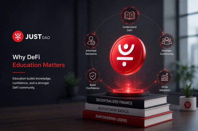 A promotional graphic for 'JUST DAO' titled 'Why DeFi Education Matters' features a 3D logo surrounded by icons representing understanding DeFi, making informed decisions, and building community.