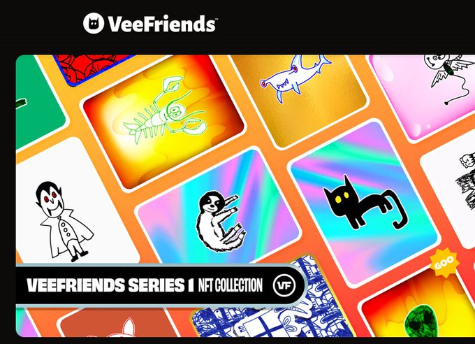 The 'VeeFriends Series 1 NFT Collection' by Gary Vaynerchuk is displayed, showing colorful tiles with cartoon characters like an astronaut, scuba diver, and black cat.