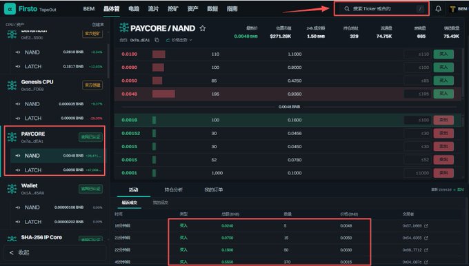 Screenshot of a digital asset trading platform called 'Firsto', showing order books and buy orders for 'PAYCORE/NAND' with various price tiers and quantities.