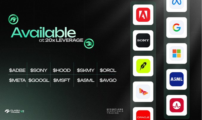 A promotional graphic for FlashTrade V2 advertising '20x Leverage' available on stocks like $ADBE, $SONY, $HOOD, $META, $GOOGL, $MSFT, $ASML, $AVGO with logos including Adobe, Sony, Google, and Microsoft.