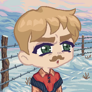 A pixel art character with blonde hair, a mustache, and purple eye makeup, wearing a red and blue striped shirt, standing in front of a barbed wire fence with snow in the background.