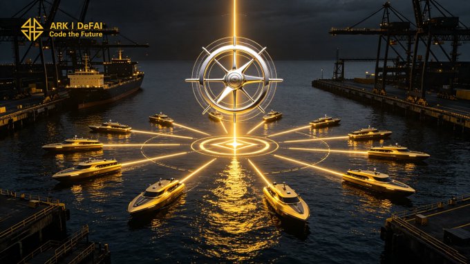 The Ark logo "ARK | DeFAI Code the Future" shines above a wheel radiating golden light across a fleet of yachts converging in a harbor, visually symbolizing the ARK ecosystem uniting creators through its AI-powered app.