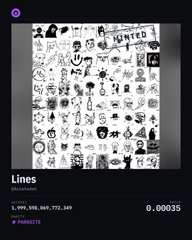 A mobile app screenshot displays a digital artwork titled 'Lines' featuring black-and-white illustrated characters with a 'WANTED' sign, priced at 0.00035.