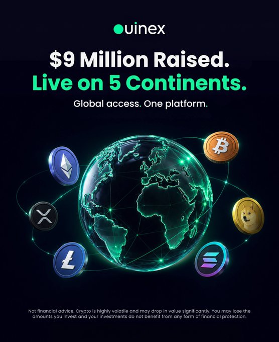 An advertisement for the cryptocurrency exchange uinex stating '$9 Million Raised. Live on 5 Continents' with a globe surrounded by Bitcoin, Ethereum, XRP, Litecoin, Dogecoin, and Solana logos.