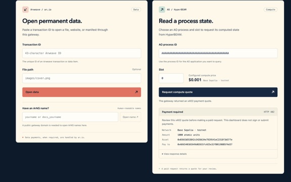 Two interface panels from Arweave/ar.io: the left reads 'Open permanent data' with a Transaction ID '43-character Arweave ID' and File path 'images/cover.png', the right reads 'Read a process state' for HyperBEAM, requesting a compute quote of '0.001' with AR.IO payment details shown.