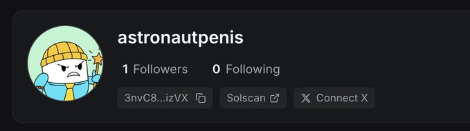 A social media profile for "astronautpenis" with 1 follower and 0 following, featuring a cartoon character in a yellow beanie holding a star, with links to a Solana wallet address (3nvC8...izVX), Solscan, and a "Connect X" button. The image humorously accompanies a post about the user sharing their pump.fun account, hoping someone will inexplicably send them 65% of a coin at a $70M market cap.
