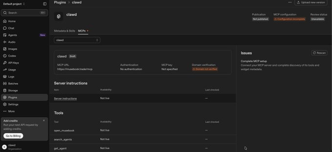 A dashboard interface for managing MCP plugins, specifically showing configuration details for 'clawd' including its MCP URL, authentication status, and tools like open_muxebook and search_agents.