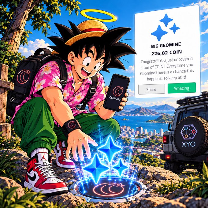 An anime-style illustration of a character resembling Goku wearing a straw hat and pink floral shirt, holding a smartphone showing 'COIN APP', with glowing blue star-shaped geodes emerging from a portal, alongside a pop-up announcing 'BIG GEOMINE 226,82 COIN' and a vehicle displaying the 'XYO' logo.