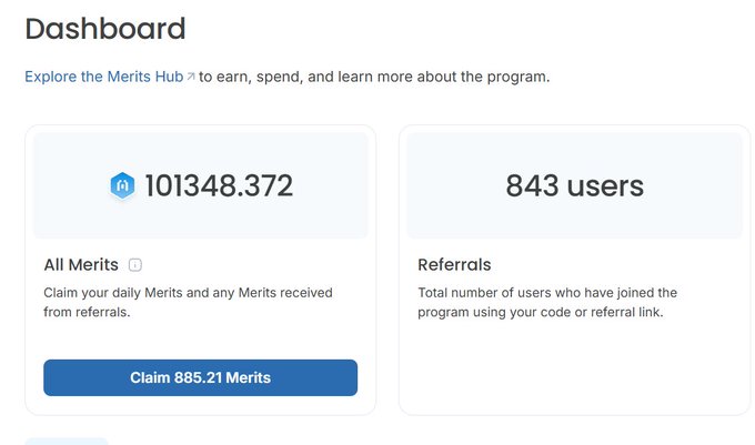 A Dashboard webpage showing 101,348.372 All Merits with a 'Claim 885.21 Merits' button, and 843 Referrals, with a link to 'Explore the Merits Hub'.